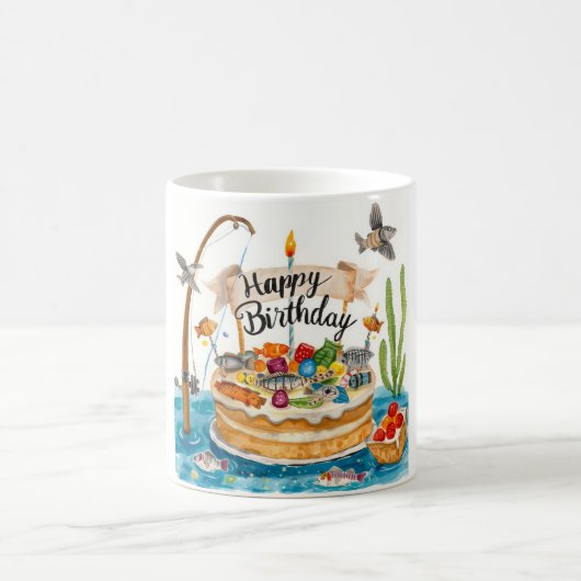 魚釣りの誕生日にケーキをテーマにした コーヒーマグカップ (中央)