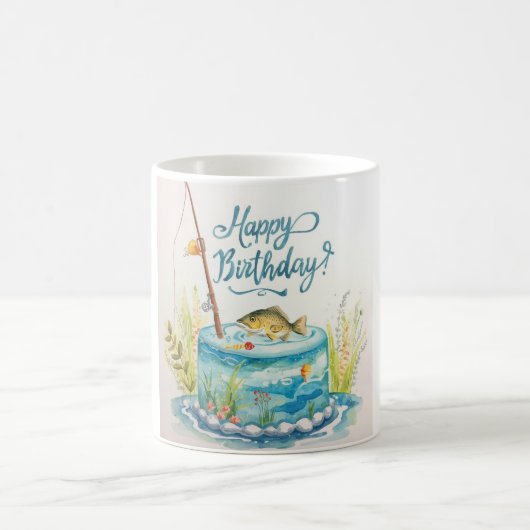 魚釣りの誕生日にケーキをテーマにした コーヒーマグカップ (中央)