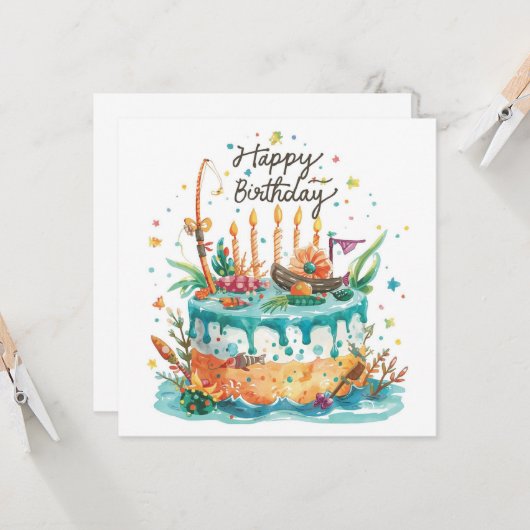 魚釣りの誕生日をテーマにしたおもしろい カード (正面/裏面インサイチュ)