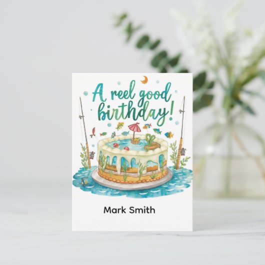 魚釣りの誕生日をテーマにしたおもしろい ポストカード (スタンド正面)
