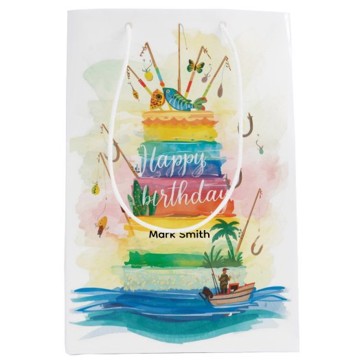 魚釣りの誕生日をテーマにしたおもしろい ミディアムペーパーバッグ (正面)