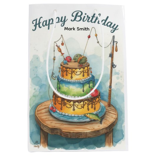 魚釣りの誕生日をテーマにしたおもしろい ミディアムペーパーバッグ (正面)