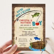 魚釣りの赤ちゃんシャワー、少年の素朴なリール興奮