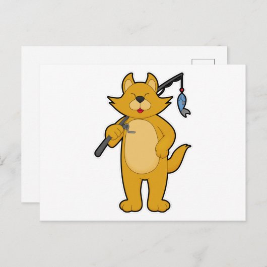 魚釣りをしている猫 & 釣り竿と魚 ポストカード (正面/裏面)