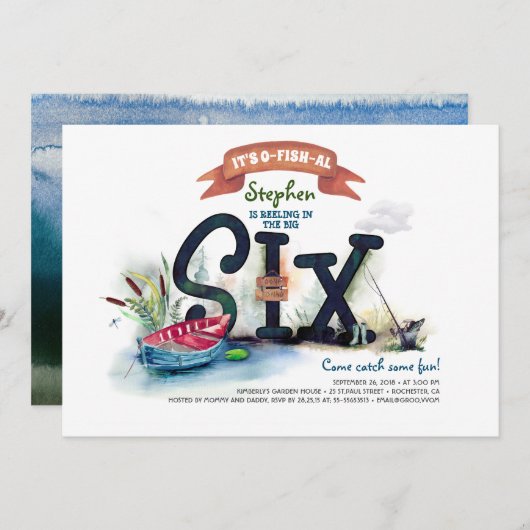 魚釣りをテーマにしたボーイズ6誕生日 招待状 (正面/裏面)