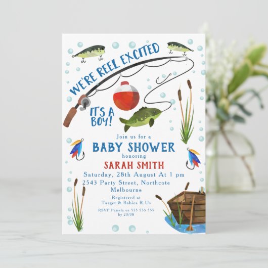 魚釣りをテーマにしたリール励起赤ちゃんシャワー招待状 招待状 (スタンド正面)