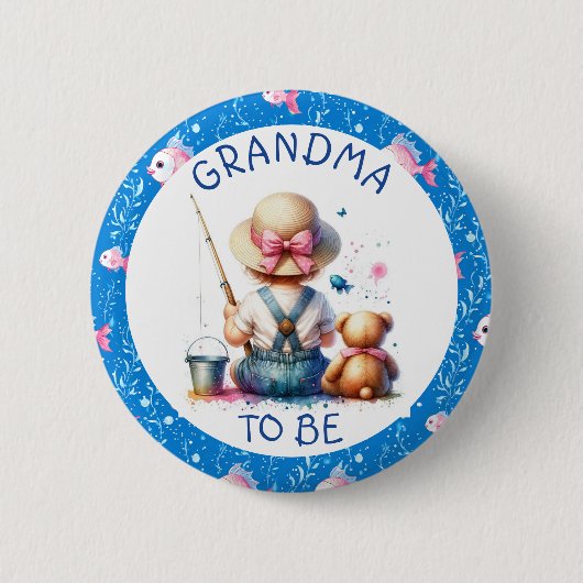 魚釣りをテーマにした女の子の赤ちゃんシャワー | おばあちゃん 缶バッジ (正面)