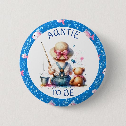 魚釣りをテーマにした女の子の赤ちゃんシャワー | おばさん 缶バッジ (正面)