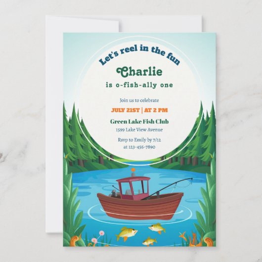 魚釣りをテーマにした男の子の最初の誕生日パーティー 招待状 (正面)