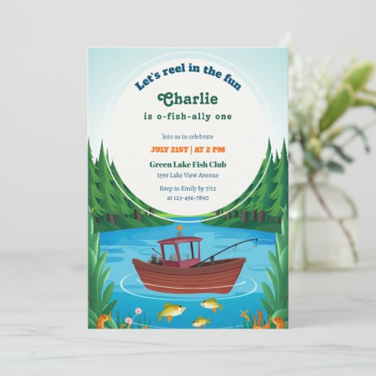 魚釣りをテーマにした男の子の最初の誕生日パーティー 招待状 (スタンド正面)