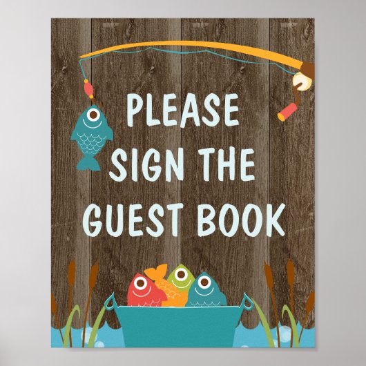 魚釣りをテーマにした誕生日パーティーのサイン ポスター (正面)
