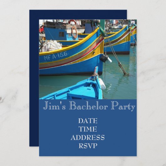 魚釣りをテーマにした魚釣りボートバチュラーパーティ 招待状 (正面/裏面)