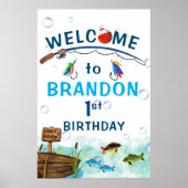 魚釣りをテーマにしたOフィッシュの誕生日の歓迎サイン ポスター (正面)