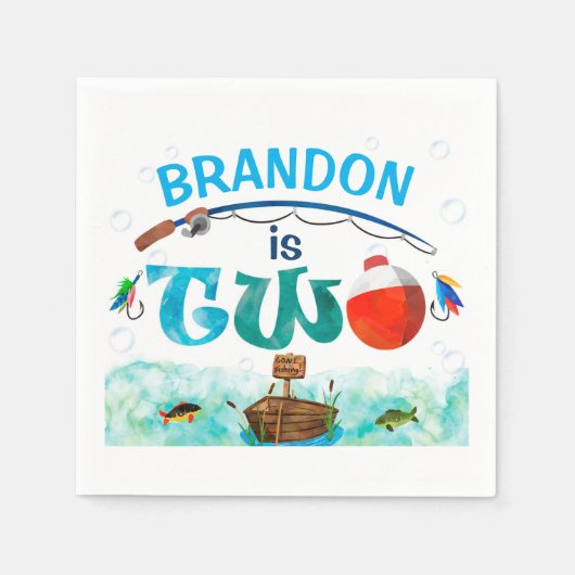 魚釣りをテーマにしたOフィッシュの2番目の誕生日パーティー スタンダードカクテルナプキン (正面)