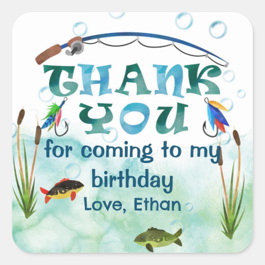 魚釣りをテーマにしたO-Fishの味方、1歳の誕生日の好意 スクエアシール (正面)