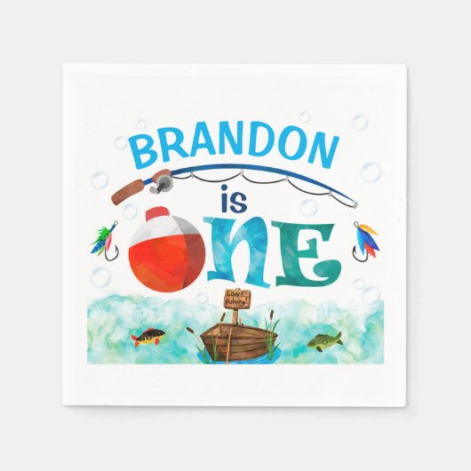魚釣りをテーマにしたO-fish-ally 1st誕生日パーティー スタンダードカクテルナプキン (正面)
