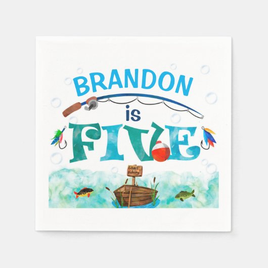 魚釣りをテーマにしたO-fish-ally 5th birthday party スタンダードカクテルナプキン (正面)