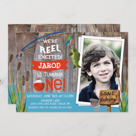 魚釣りアウトドアスマンをテーマにした誕生日招待状 招待状 (正面/裏面)