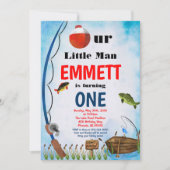 魚釣りアウトドアフィッシュサマーアニーエイジファースト誕生日 招待状 (正面)