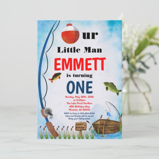 魚釣りアウトドアフィッシュサマーアニーエイジファースト誕生日 招待状 (スタンド正面)
