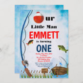 魚釣りアウトドアフィッシュサマーアニーエイジファースト誕生日 招待状 (正面/裏面)