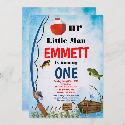 魚釣りアウトドアフィッシュサマーアニーエイジファースト誕生日 招待状 (正面/裏面)