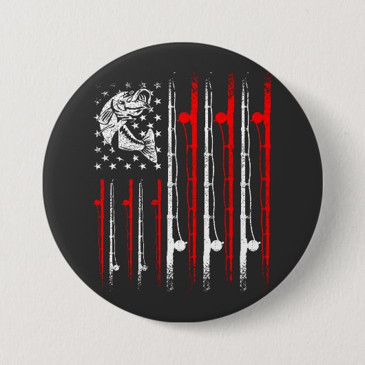 魚釣りアメリカ国旗のヴィンテージ棒の周り 缶バッジ (正面)