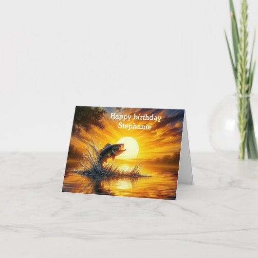 魚釣りアート跳躍サンセットハッピーバースデー カード (正面)