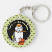 魚釣りオールドイングリッシュシェプドッグ（グレー1）かわいいOES キーホルダー (裏面)