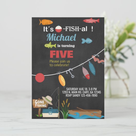 魚釣りオ – フィッシュ – アル男の子の誕生日の招待。 招待状 (スタンド正面)