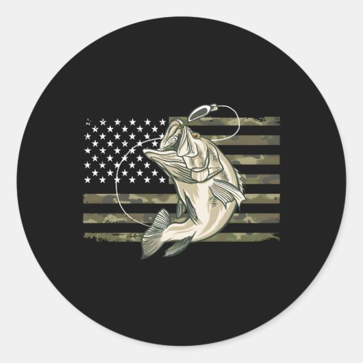 魚釣りカモフラージアメリカ国旗のバスフィッシュ ラウンドシール (正面)