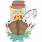 魚釣りガール、魚釣りロッド、フィッシャーマン、ブロンド髪 シール (正面)