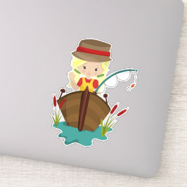 魚釣りガール、魚釣りロッド、フィッシャーマン、ブロンド髪 シール