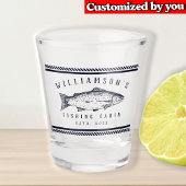 魚釣りキャビンの家族ミニマル名ネイビー素朴ブルー ショットグラス