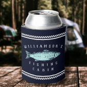 魚釣りキャビンの家族ミニマル名ネイビー素朴ブルー 缶クーラー