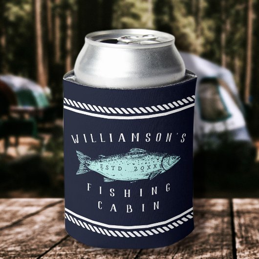 魚釣りキャビンの家族ミニマル名ネイビー素朴ブルー 缶クーラー