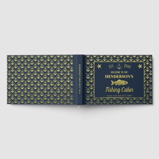 魚釣りキャビンカスタムウェルカムフィッシュいかり金ゴールド ゲストブック (全面)
