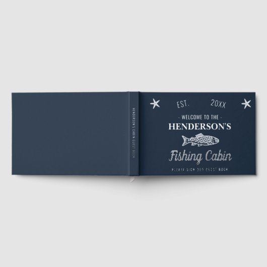 魚釣りキャビンパーソナライズされたウェルカムシルバー ゲストブック (全面)