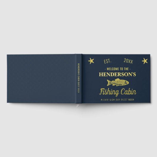 魚釣りキャビンパーソナライズされたウェルカム金ゴールド魚 ゲストブック (全面)