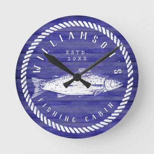 魚釣りキャビンファミリー名ウッドネイビーブルー素朴 ラウンド壁時計 (正面)