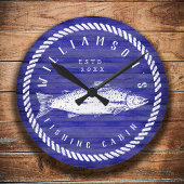 魚釣りキャビンファミリー名ウッドネイビーブルー素朴 ラウンド壁時計