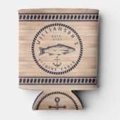 魚釣りキャビンファミリー名ウッドネイビーブルー素朴 缶クーラー (正面)