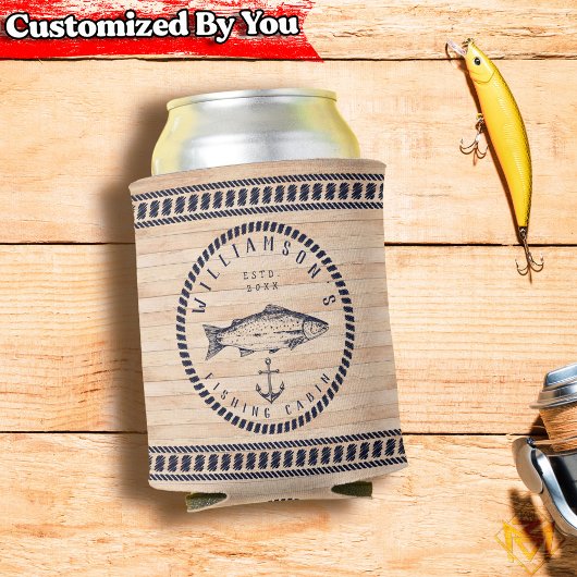 魚釣りキャビンファミリー名ウッドネイビーブルー素朴 缶クーラー