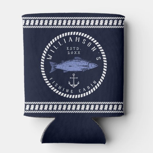 魚釣りキャビンファミリー名ネイビーブルー素朴 缶クーラー (裏面)