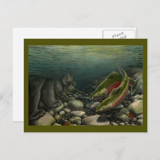 魚釣りクマはがききカスタムサーモン魚はがき ポストカード (正面/裏面)