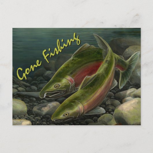 魚釣りクマはがききカスタムサーモン魚はがき ポストカード (正面)