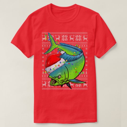 魚釣りクリスマス照明サンタ醜いマヒマヒフィッシュCh Tシャツ (デザイン正面)