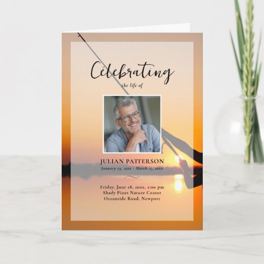 魚釣りサンセット写真お祝いの葬式 プログラム (正面)