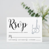 魚釣りシンプルフックの結婚リングや輪RSVPカードブラック 出欠カード (スタンド正面)