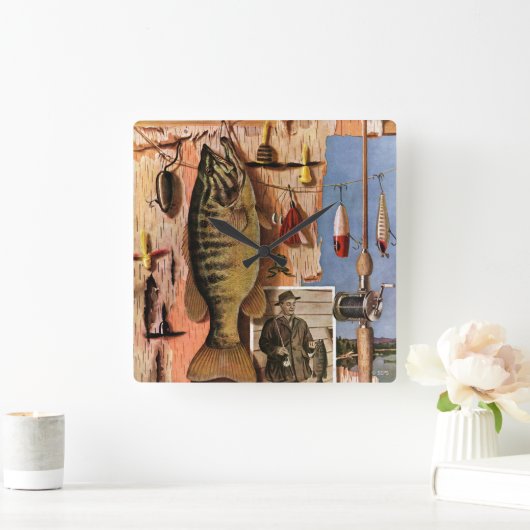 魚釣りスチルライフバイジョンアサートン スクエア壁時計 (ホーム)